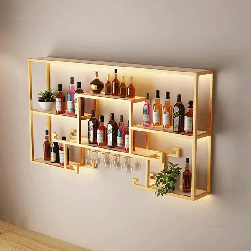 Modern Iron Art Wine Rack Home Living Room Wall-mounted Bar Cabinet Light Luxury Bar Restaurant Decorative Wine Display Cabinet