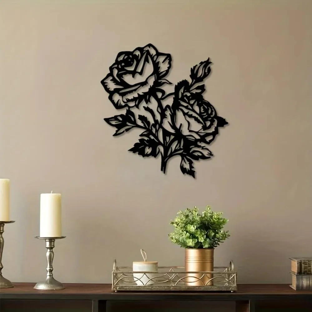 Metal Wall Art 2 Roses Black Decor Intricate Design for Living Room Bedroom Patio Valentine Wedding Gift