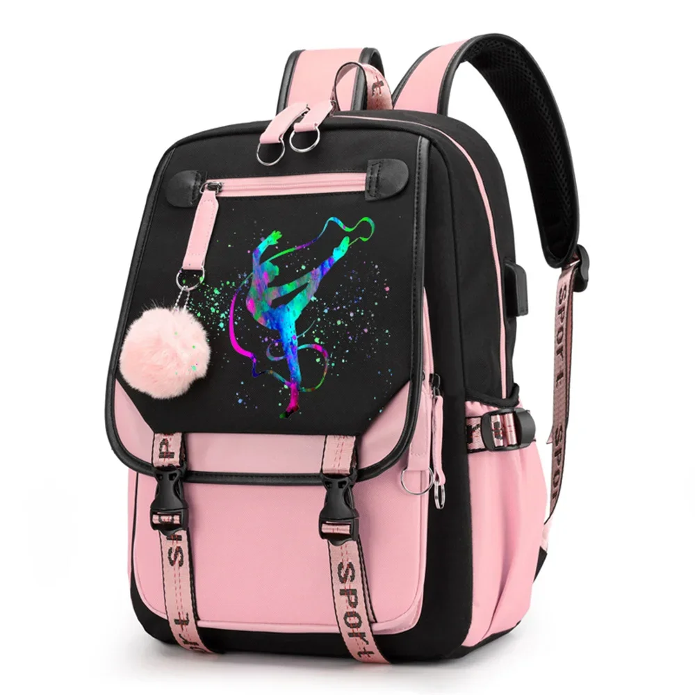 Mochilas escolares de gimnasia de acuarela para chicas adolescentes, mochila escolar con puerto USB, mochila para estudiantes de baile, mochilas