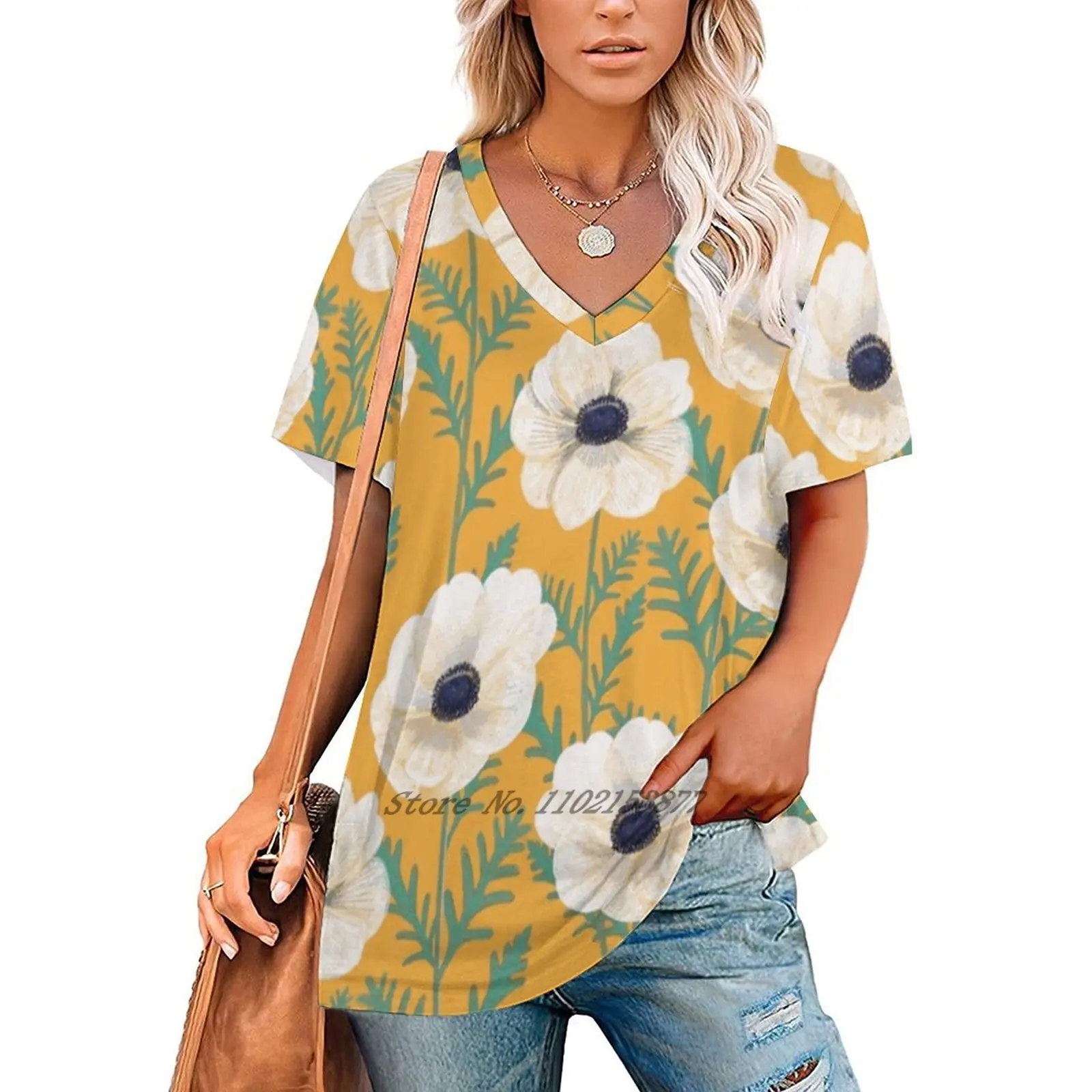 Anemones On Women Print T-Shirt Summer Casual Tops Streetwear T Shirt Boho Ladies Top Bold Pattern Flowers Floral Floral