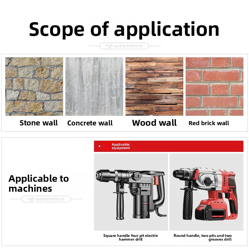 Extended impact drill bits for four-hole square and round shank wall-boring concrete and cement drilling.