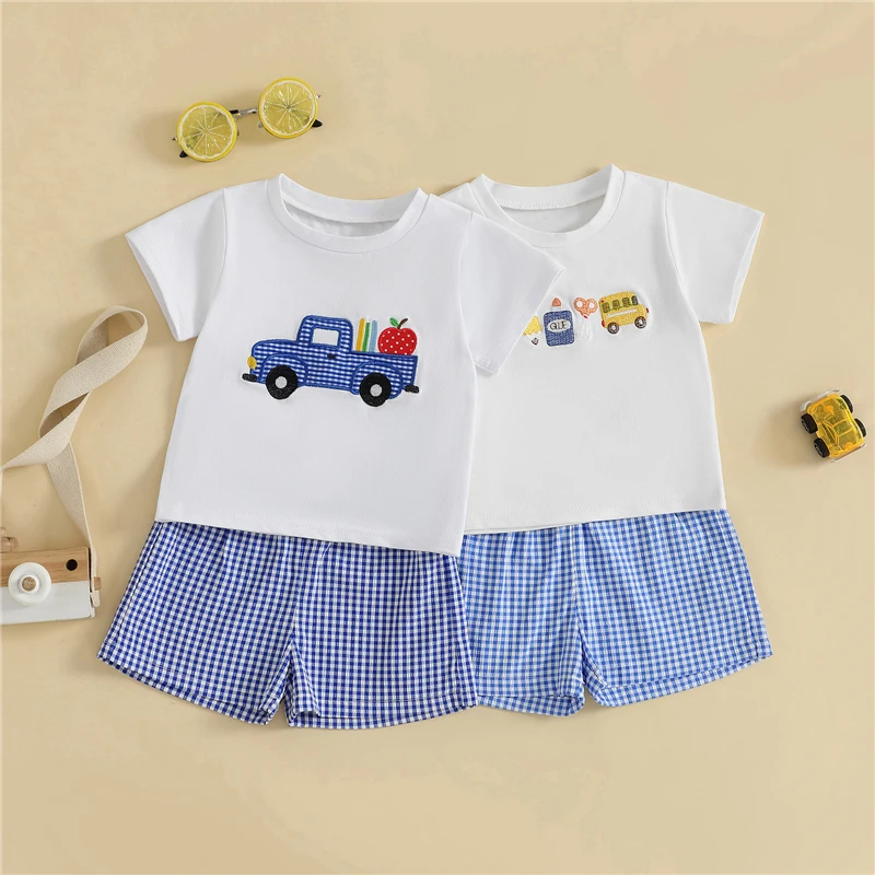 

Toddler Little Baby Boys Back to School Outfit Apple Truck Embroidered Short Sleeve Tops Plaid Shorts 2Piece Child Clothing