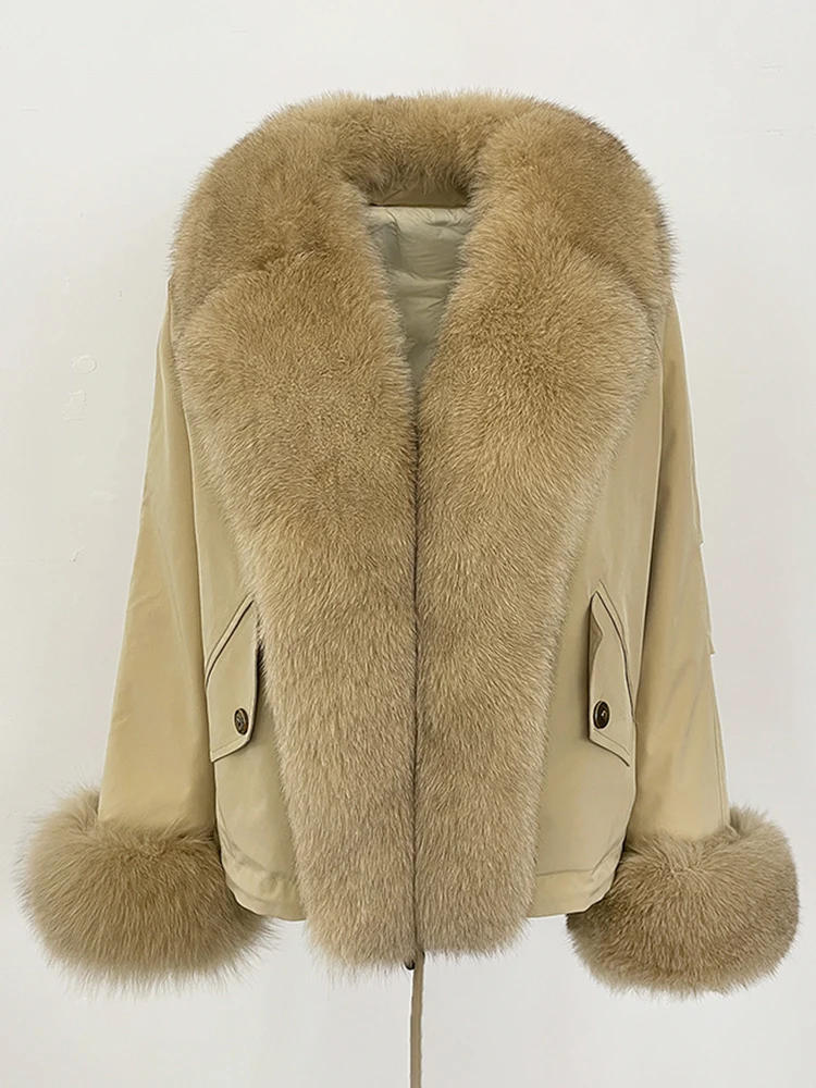 2025 여성용 따뜻한 퍼 커프스 패딩 재킷 패션 빅 리얼 폭스 퍼 칼라 다운 코트 신상 방수 가을 겨울 의류 여성용