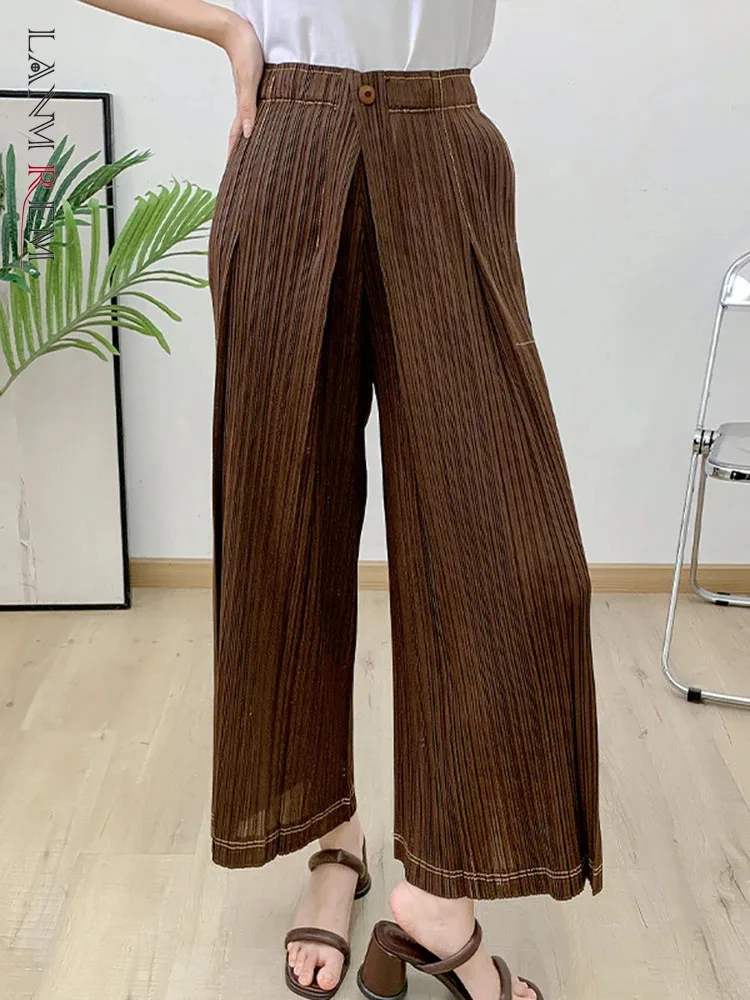 

LANMREM Pleated Pants For Women Loose Wide Leg Casual Straight Trousers Solid Color Female Summer Clothes 2024 New 2DA6559