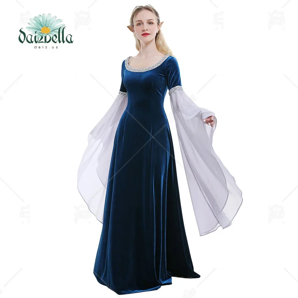

DAIZBELLA Women Medieval Costume Handmade Historical Dress Retro Fairy Elf Dark Blue Velvet Gown with Chiffon Sleeves