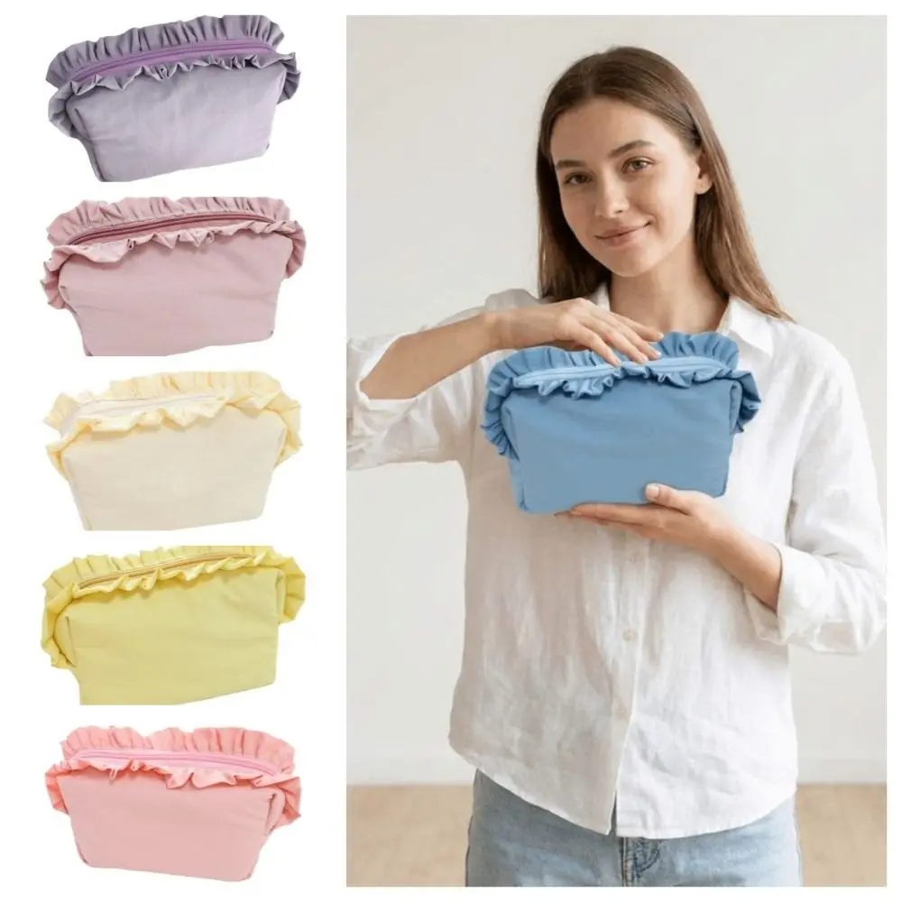 Cute Solid Color Ruffle Makeup Bag Nylon Large Capacity Wash Storage Bag Korean Style with Zipper Toiletry Organizer Travel