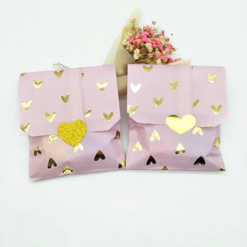 100pcs Foil Gold Heart Personalised Wedding Favor Bags Pink/Grey/Lilac Bridal Party Bag Birth Baptism Paper Bag and Stickers