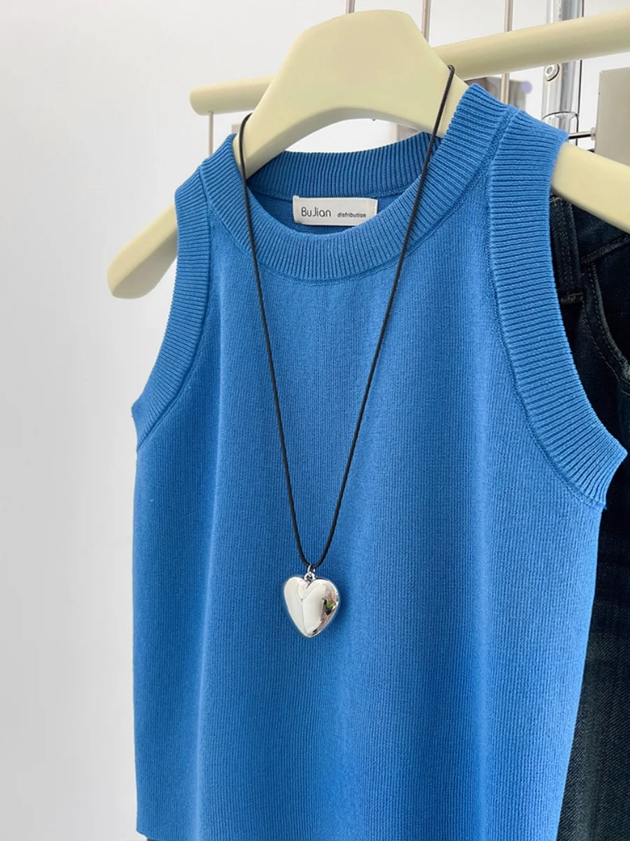 블루 아이스 실크 니트 스트랩 베스트 여성 여름 얇은 슬림핏 아우터웨어 베이스 셔츠 출퇴근용 슬리브 길이...