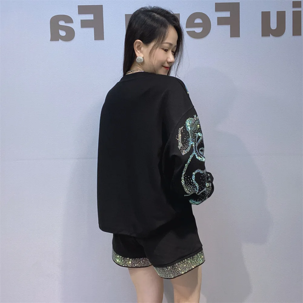 Women's Rhinestone Short o-Neck Sweatshirt Autumn Winter New Fashion Versatile Loose Casual Long Sleeved Pullover Top hoodies