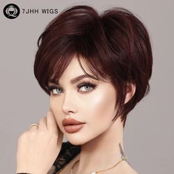 7JHH WIGS Short Bob Wig Wine Red Wig for Women Daily Party Natural Synthetic Hair Wigs with Fluffy Bangs Heat Resistant Fiber