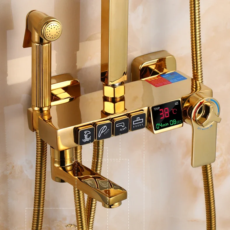 Golden Thermostatic Shower System Rainfall Shower Head Brass Hot Cold Bathroom Mixer Faucet Gold Digital Bathroom Shower Set