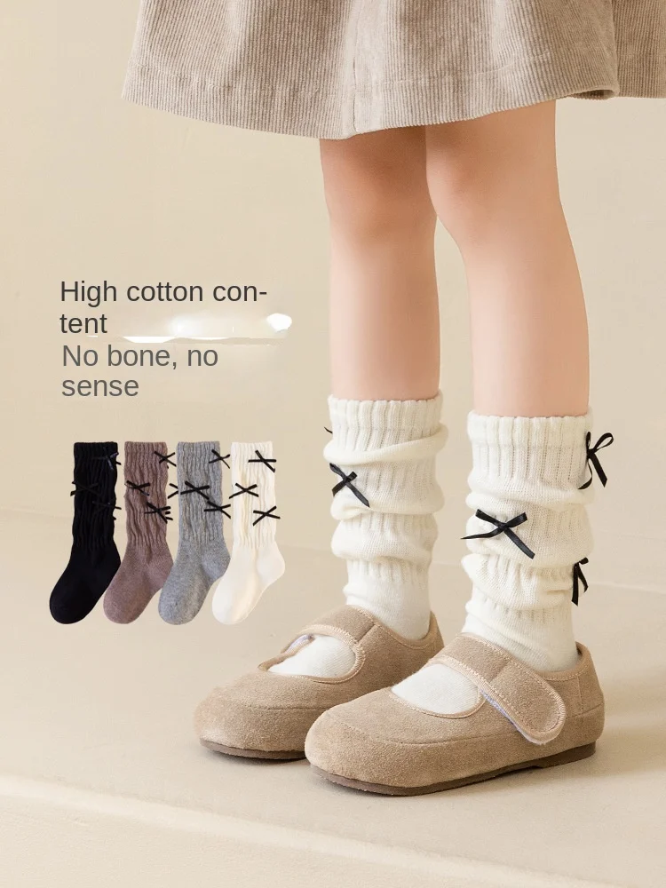 1Pairs Kids Winter Long Socks Korean INS Style Solid Color Bow Girls Trendy Slouch Calf Socks School Children Long Stacked Socks