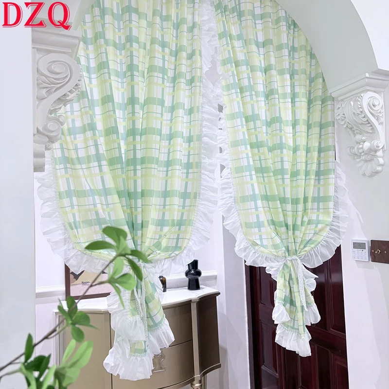 Idyllic Japan Checkered Pattern Door Curtains Cloth for Living Room Green Plaid Warp Ruffled Curtains for Kitchen #A659