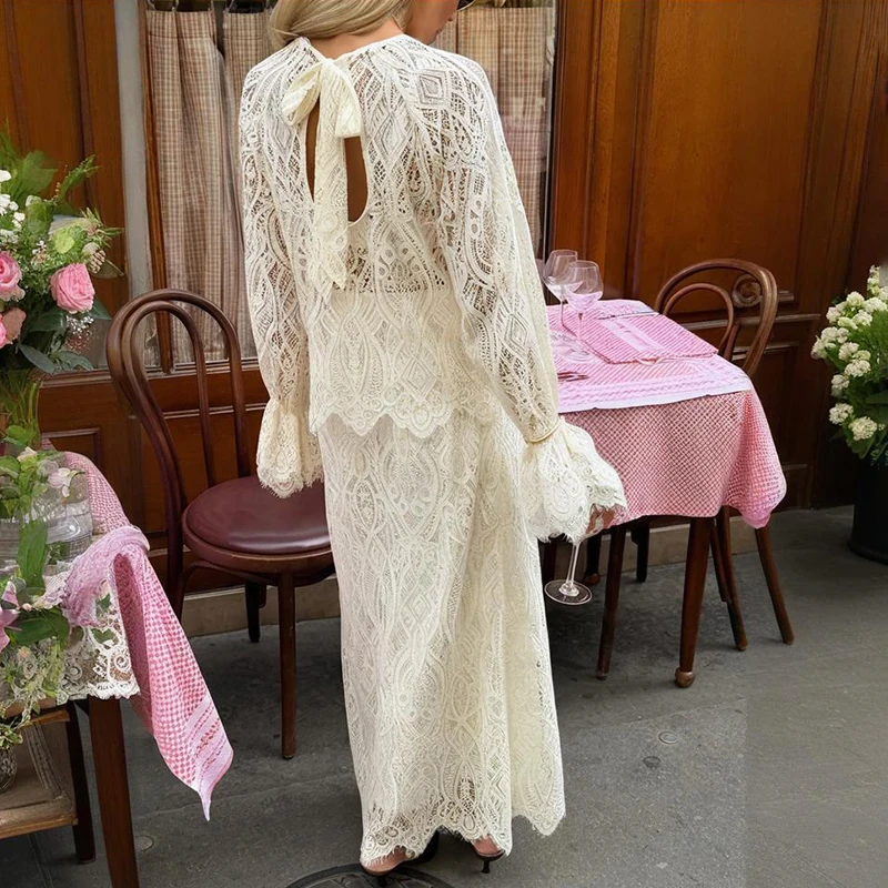 Tornova Set di abiti eleganti in pizzo Set da donna con maniche svasate sexy vuote Top senza schienale con lacci Gonna lunga a vita alta Set da 2 pezzi