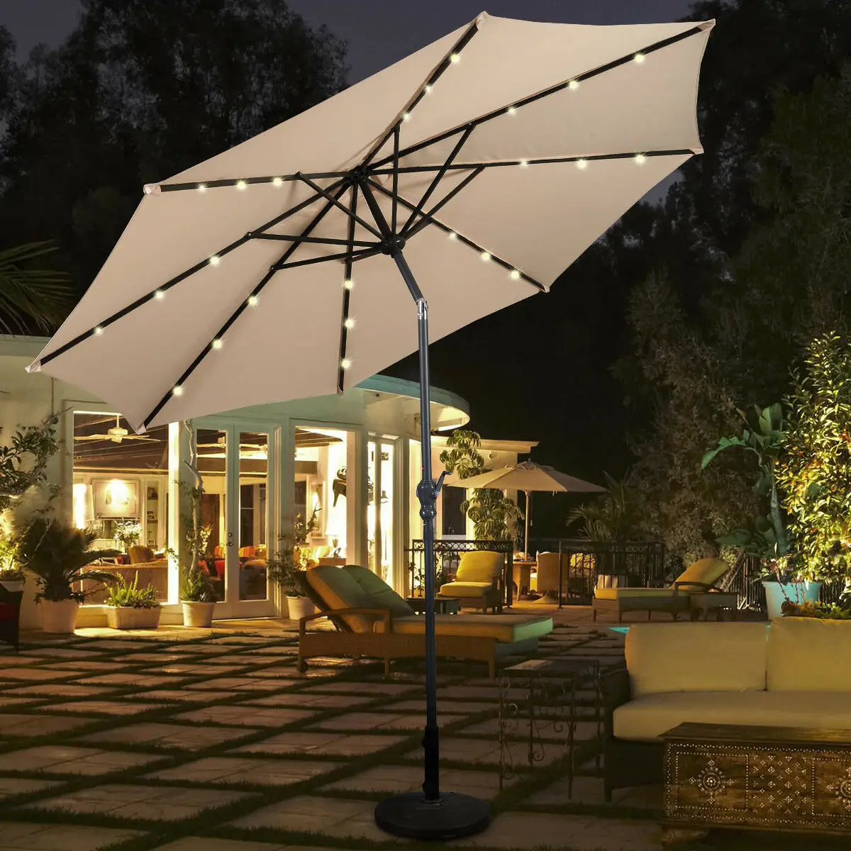 10FT Patio Solar Umbrella LED Patio Market Steel Tilt W/ Crank Outdoor New