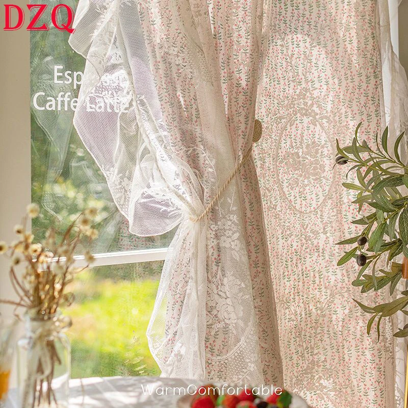 Idyllic Double-layer French Warp Ruffle Lace Curtains Cloth for Living Room Cotton and Linen Leaves Curtain for Kitchen #A432