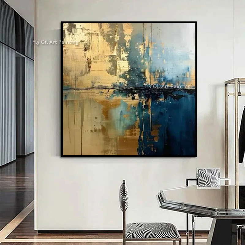 100% Hand-Painted Abstract Oil Painting, Impasto Gold Leaf Blue Reflection Canvas Art, Square Luxury Living Room Wall Decor