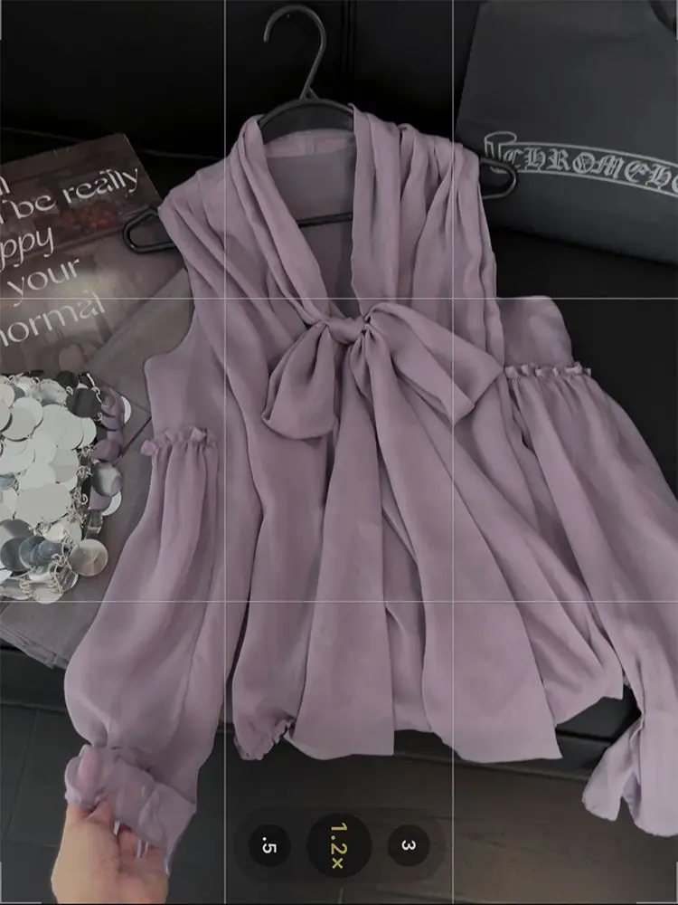 

Butterfly condensation shoulder long sleeved shirt, women's early autumn high-end versatile pullover chiffon top