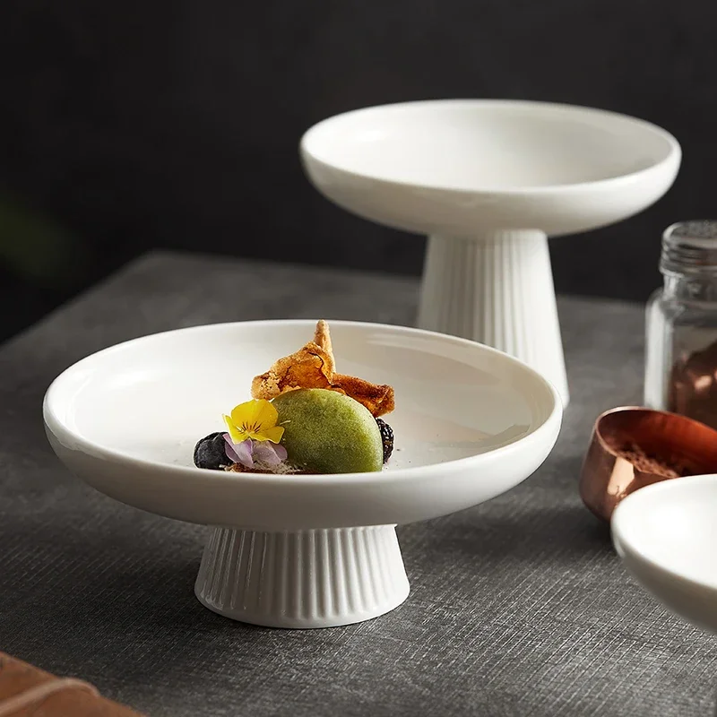 White Tall Fruit Snack Dish Ceramic Round Western Dessert Plate Exquisite Vertical Pasta Storage Tray Restaurant Tableware