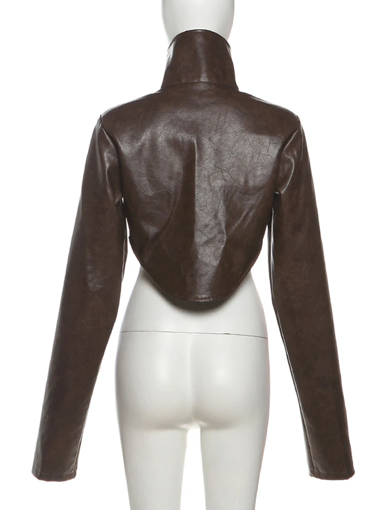 Nibber Hottie Crop Jacke Frauen Rollkragen Pu Unregelmäßige Zip Taste Volle Hülse Wilden Sexy Straße Mitternacht Herbst Hipster Mantel – Detail 13