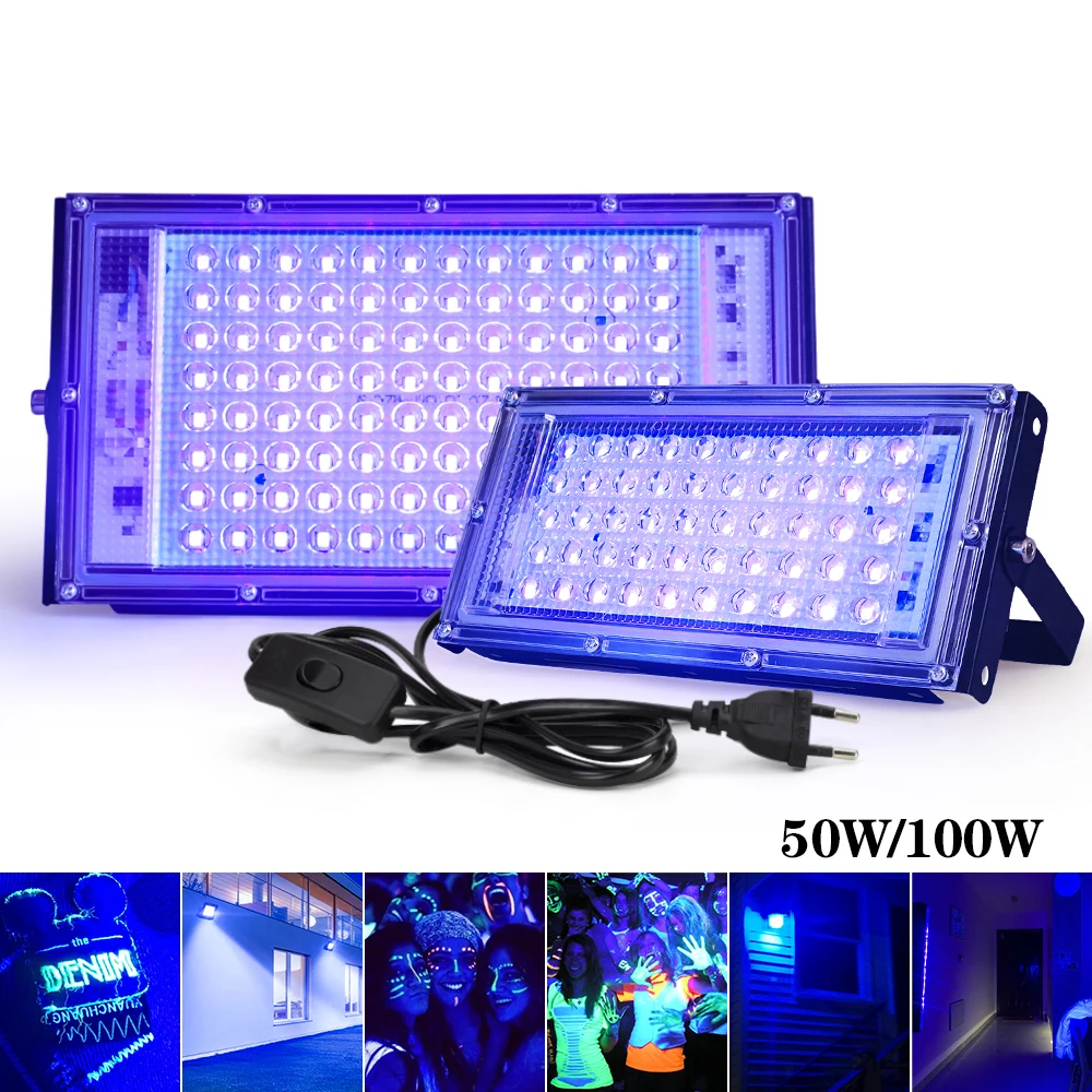 Lampu Sorot UV Led 400nm 395nm 50W 100W Lampu Panggung Hitam LED 220V Lampu Ultravilet Tahan Air Lampu Panggung Pesta Neon