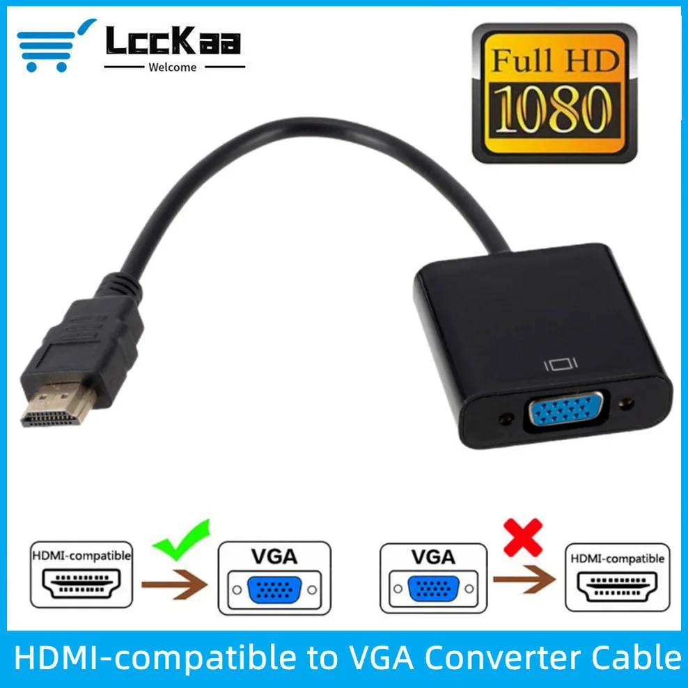 LccKaa Konwerter zgodny z HDMI na VGA Kabel HD 1080P Adapter cyfrowo-analogowy do konsoli Xbox PS3 PC Laptop Projektor Wyświetlacz HDTV