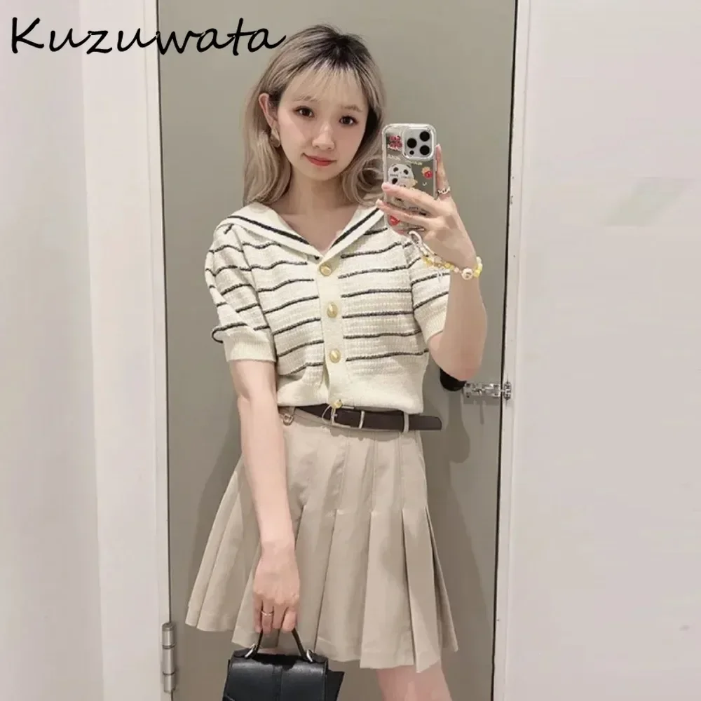 Kuzuwata New Sweet Sailor Collar Puff Sleeve Jumper Single Breasted Casual Stripe Cardigan Japan Knit Elegant All-match Sweaters