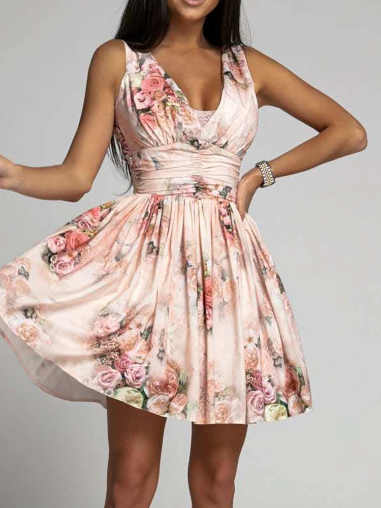 

New Summer Women Floral Printing Princess Dress Deep V-Neck Sleeveless Sexy Ladies Mini Dress Backless Sweet Streetwear Vestidos