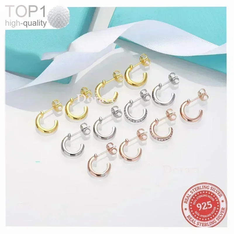 

S925 Sterling Silver Semi-Circular Stud Earrings - Diamond-Accented, European & American Style, Luxury for Women