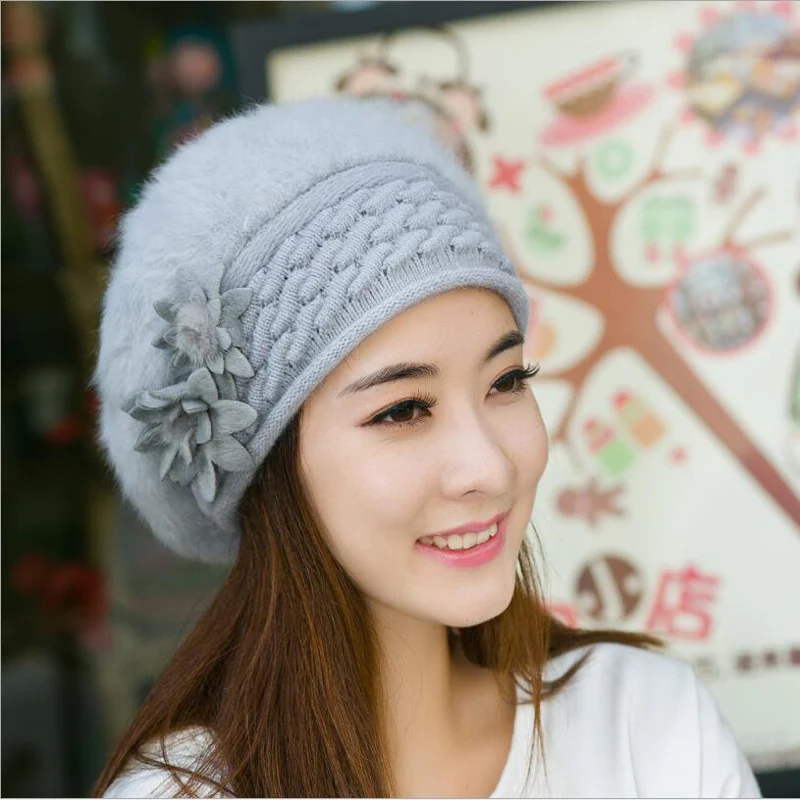 Women\'s Winter Hats rabbit knitting wool skullies female warn hat cap wholesale Fur Beanies Hats Adults Casual Female Skullies