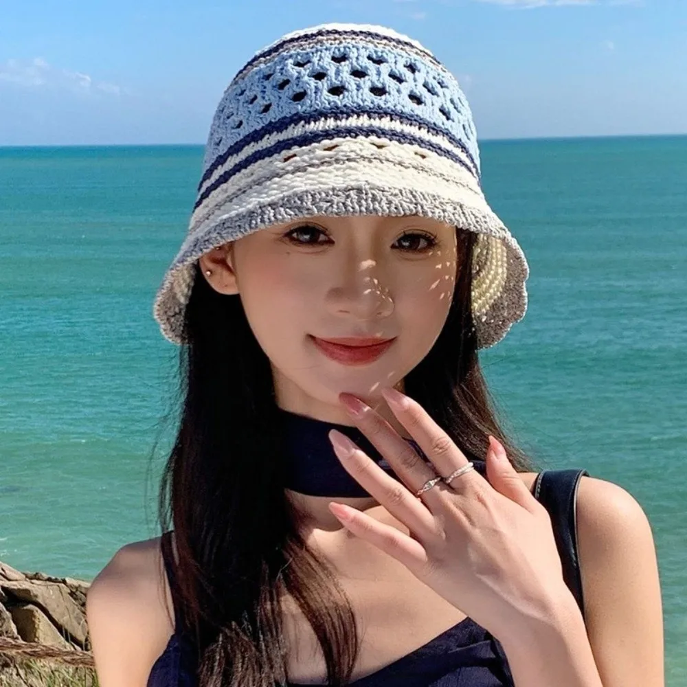 

Popular Wide Brim Striped Bucket Hat Breathable Patchwork Crochet Panama Hat Foldable Hollow Out Beach Sun Hat Daily