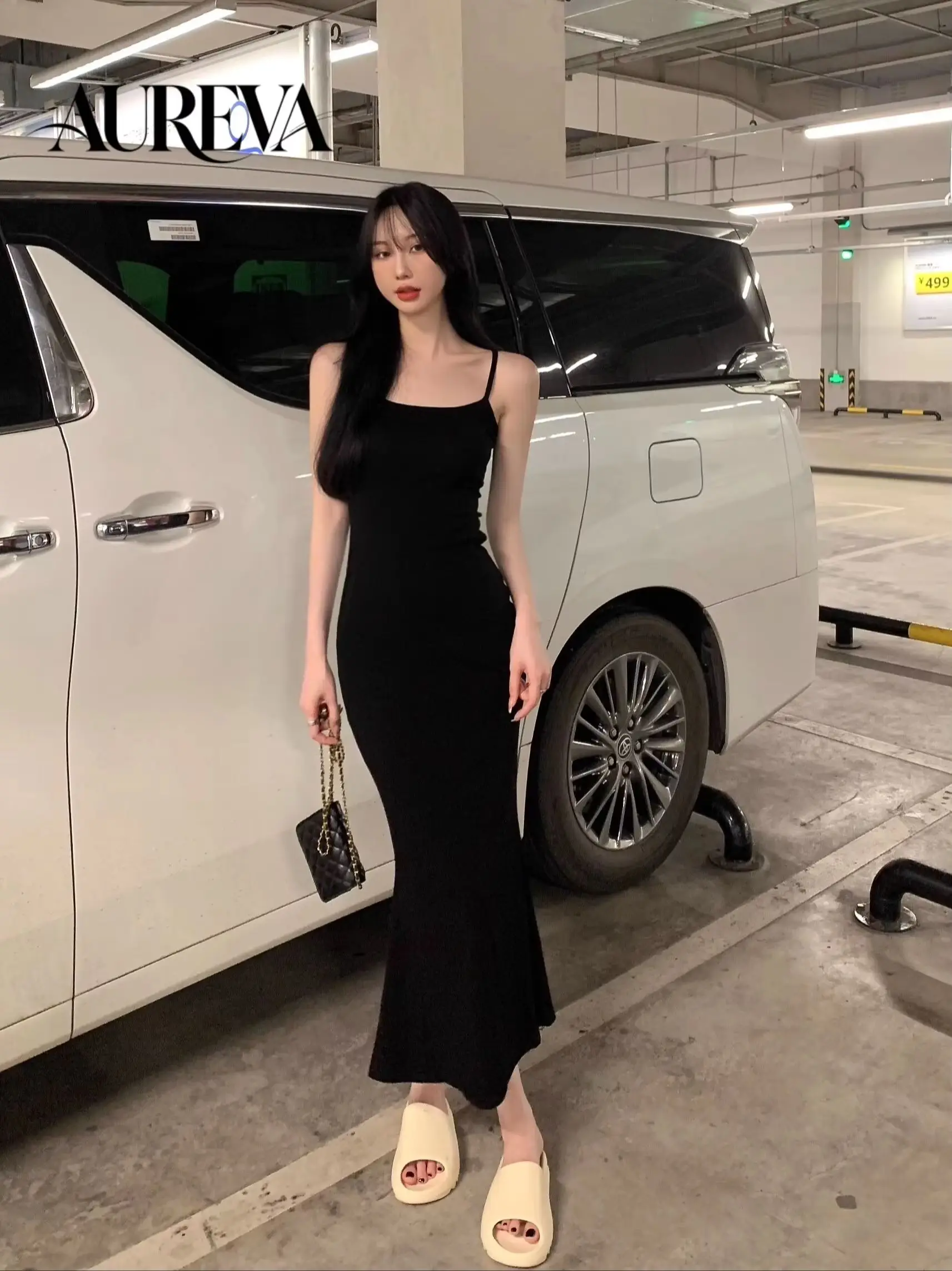 Women Black Slip Dress Sleeveless Bodycon Midi Mermaid Dress High Waist Backless Tight Fitted Inner Layering Long Dress