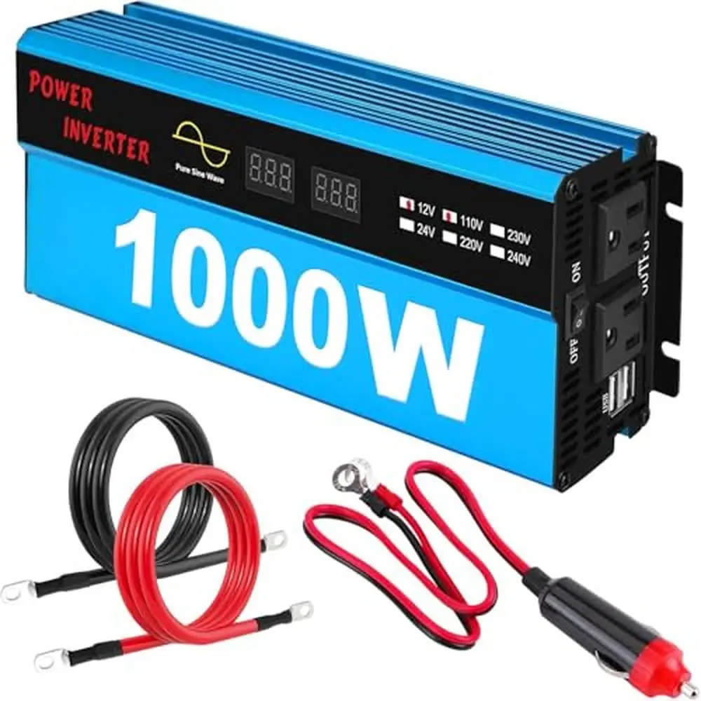 1000W Pure Sine Wave Inverter 12V DC to 110/120V AC 1 Outlet 2 USB LCD Off-Grid Solar