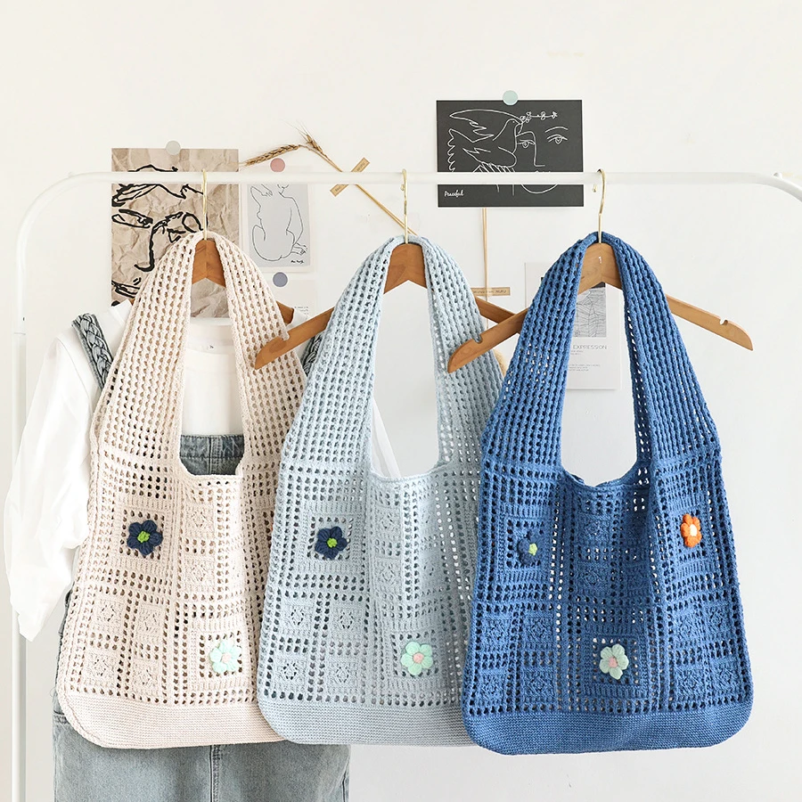 Women Knitting Tote Bags Versatile Holes Square Casual Shoulder Packs Large Capacity Flora Female Commute Handle Beach Bag