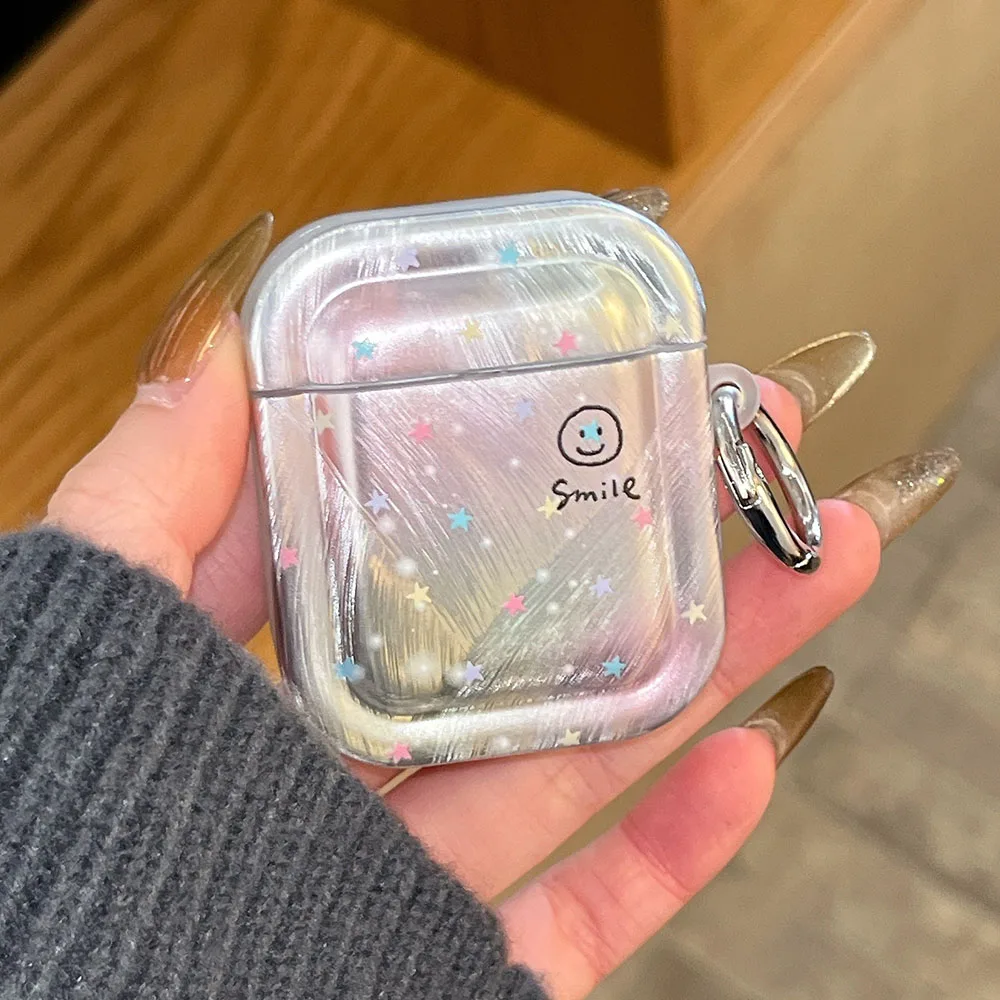 Stella colorata Volto sorridente Laser Argento Custodia morbida per auricolari per AirPods 4 Nuova copertura protettiva per AirPods 2 3 Pro 2 Shell Coque