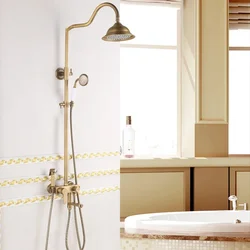 Antique Brass Shower Faucet Set with 8-Inch Rainfall Dual Handle Mixer Tap with Swivel Tub Spout and Shelf Elegant and