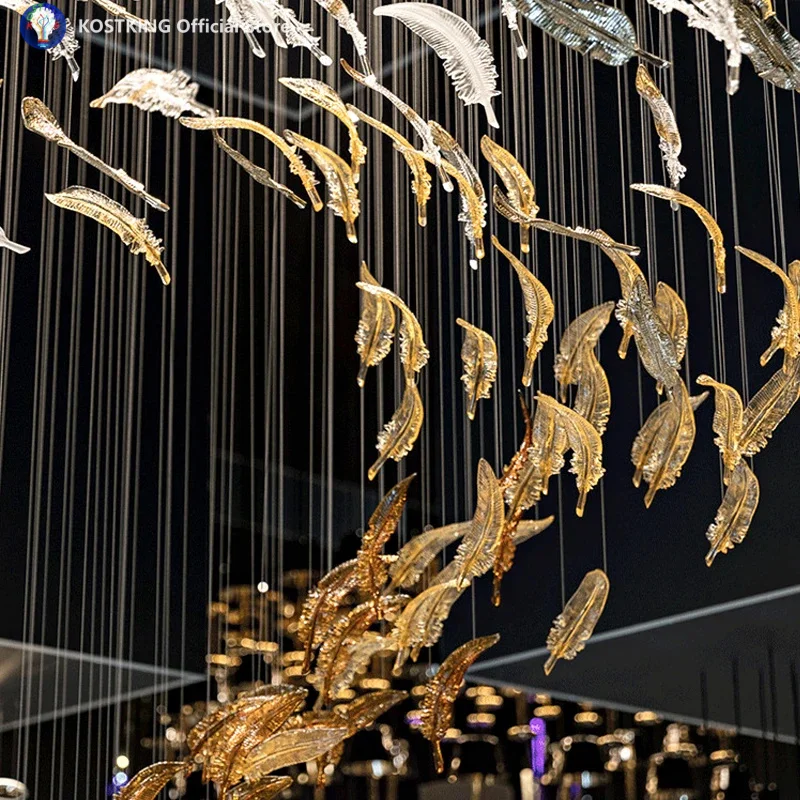 

Italy Design Murano Glass Feather Pendant Lamp Blown Glass Leaf Chandelier Staircase Home Decoration Glass Crafts
