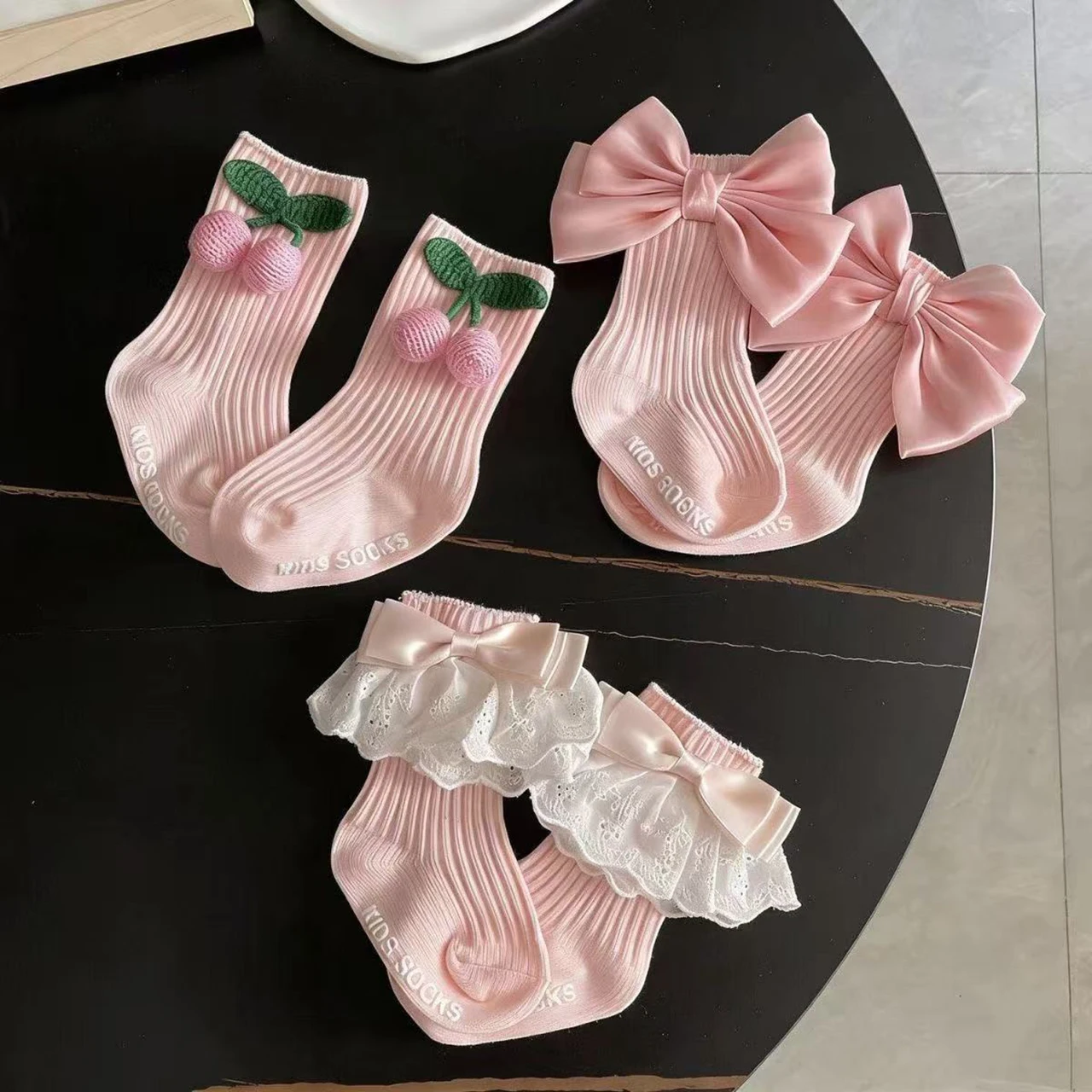 Sweet Pink Cherry Calf Socks for Baby Girls White Lace-Trimmed Cotton Sock Large Ribbon Bow Princess Infants Non-Slip Floor Sock