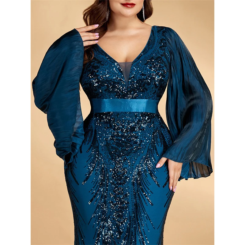 Big Size 4XL Women Vestido De Festa Flare Sleeve V Neck Blue Sequined Evening Party Cocktail Prom Long Dress - view 2