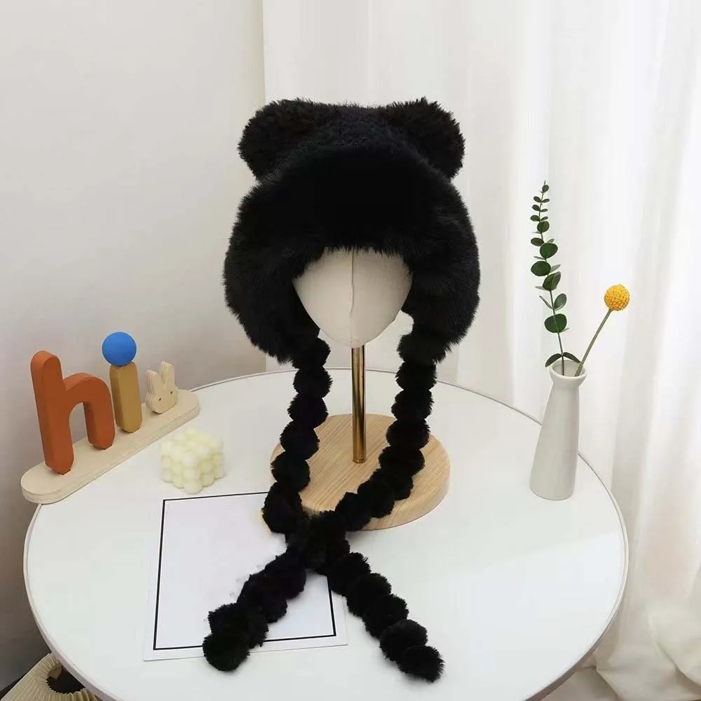 Fleece Lined Pompom Braids Hat Striped Knit Fur Brim Fleece Knit Beanie Windproof Soft Yarn Fur Trim Trapper Students