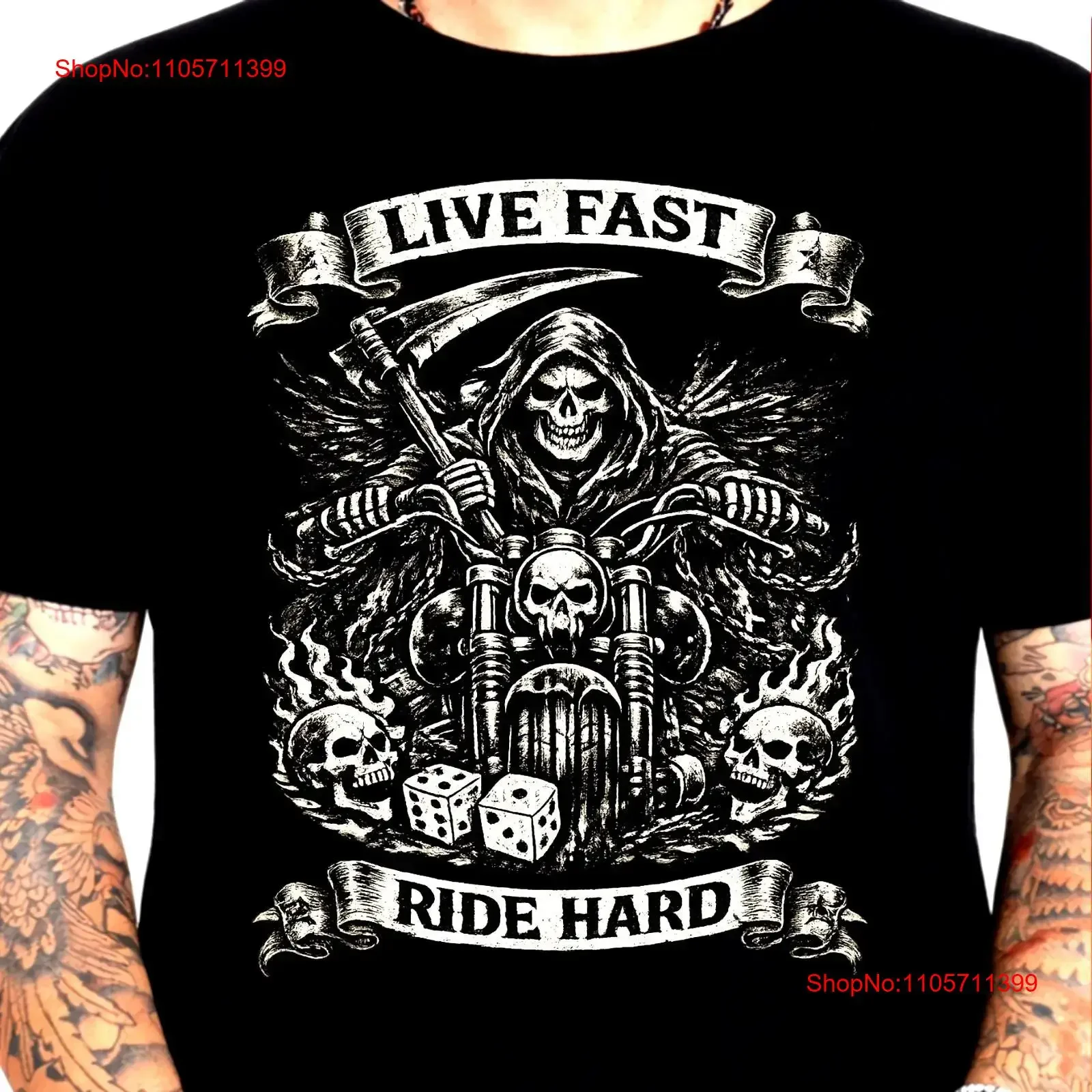 Grim Reaper T Shirt Biker Skull Motorcycle Gothic Tattoo Ride Hard long or short sleeves vintage Washed Casual homme