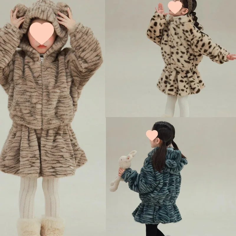 

Toddler Girls Winter Two-piece Set Striped Jacquard Hooded Thicken Warm Kids Girls Fluffy Jacket+elastic Waist Infant Girl Dress