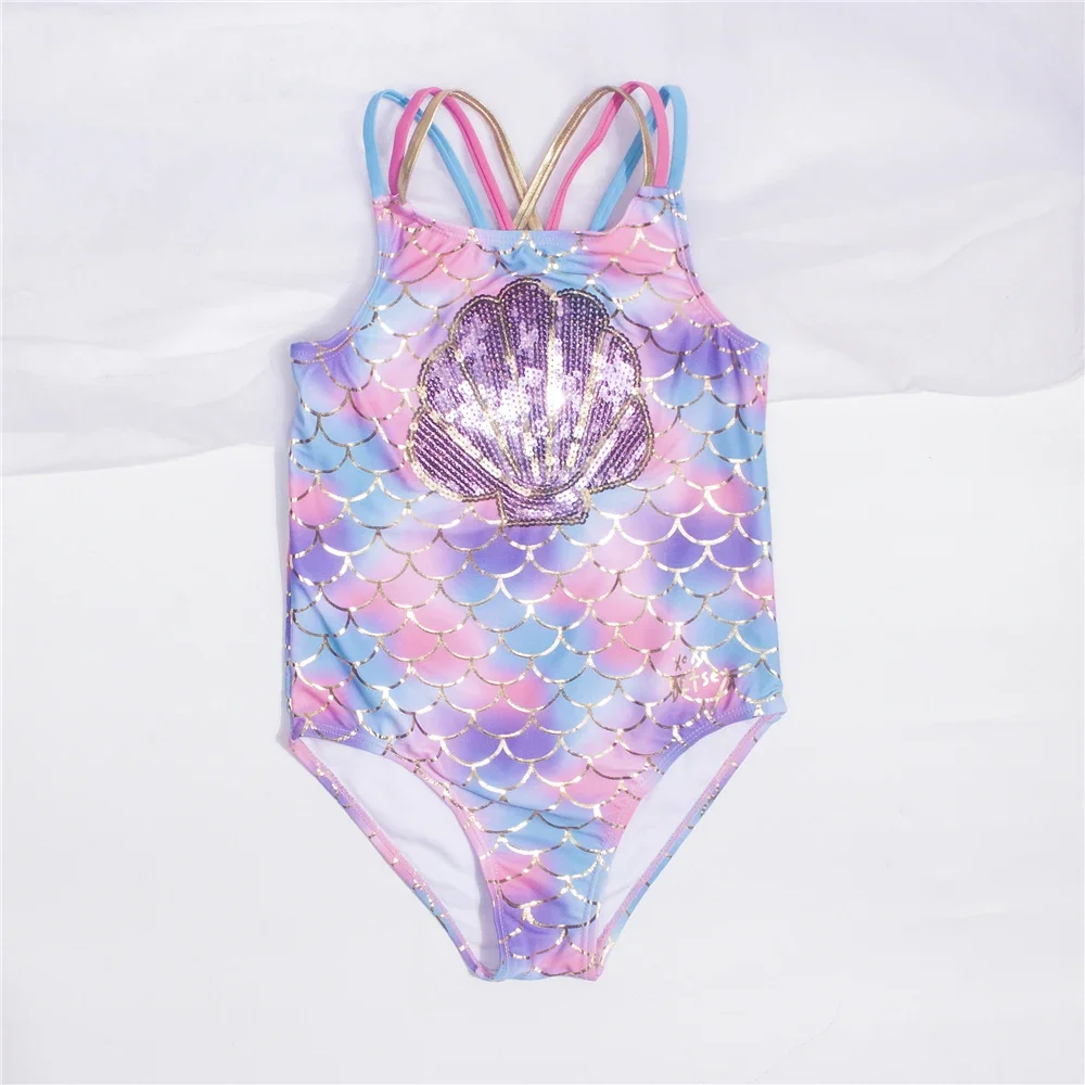 Fishscale Bandage Girls Kids Swimsuit 2024 Shell Shape Embroidery Children Girls One Piece Swimwear Beach Wear Monokini