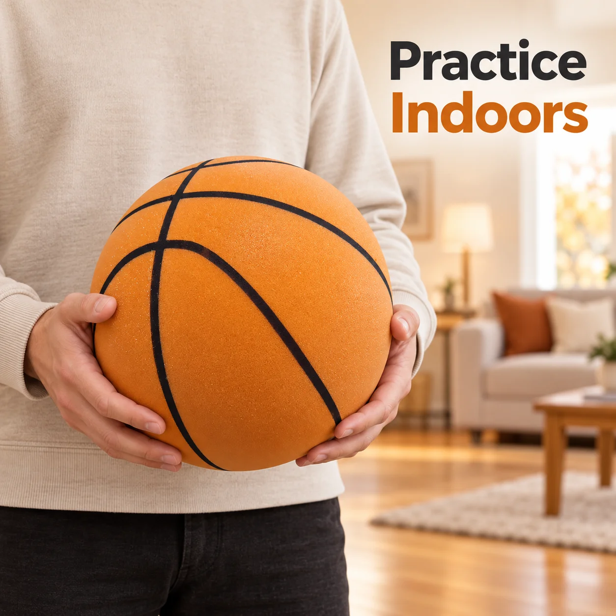 Indoor PU Foam Basketball for Home Dribbling Practice, Painted Lines, Orange or Brown, Size 3 and 5