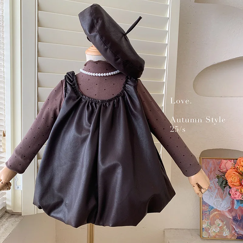 

Girls Suit 2025 Autumn New Children's Clothing Girls Baby Fashion Polpok Top Sleeveless Leather Skirt Two Sets of Casual Simple