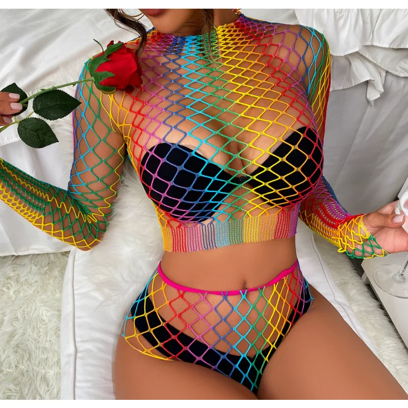 Sexy Rainbow Pornographic Lingerie Transparent Hollow Stripe Tight Women\'s Colorful Mesh Pajama Dress