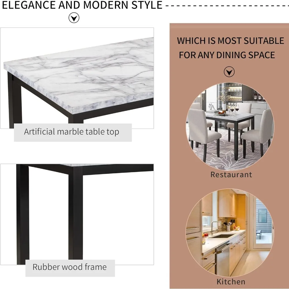 طقم طاولة طعام مكون من 5 قطع، مكتب رخامي صناعي أنيق و4 كراسي منجدة، مثالي للمطبخ، زاوية الإفطار، البار، #3