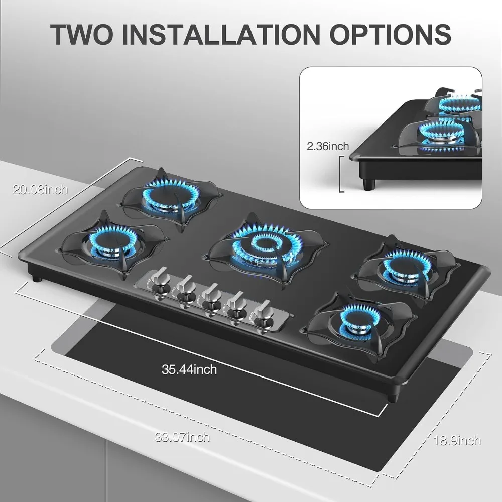 Propane Gas Cooktop 36 Inch, 5 Burner Top Stove Built-in Gas Stove Top Stainless Steel,  Thermocouple Protection