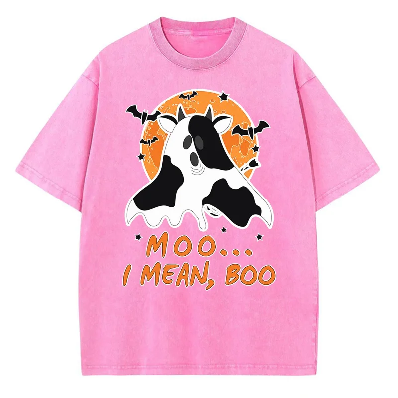 Halloween Cow Colored Ghost Print Women's Wash T-Shirt Loose Crew Neck Stretch Short Sleeve New Pop Unisex Top Funny