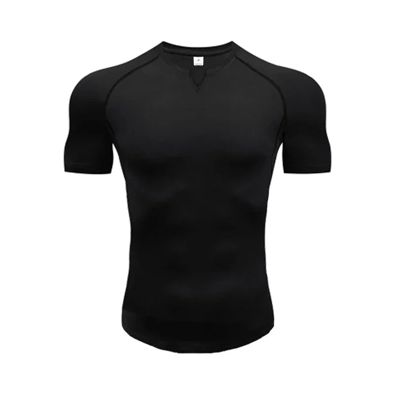 

Простые компрессионные плотные мужские футболки для фитнеса, летние быстросохнущие облегающие рубашки с v-образным вырезом, одежда для тренажерного зала, бодибилдинга, бега
